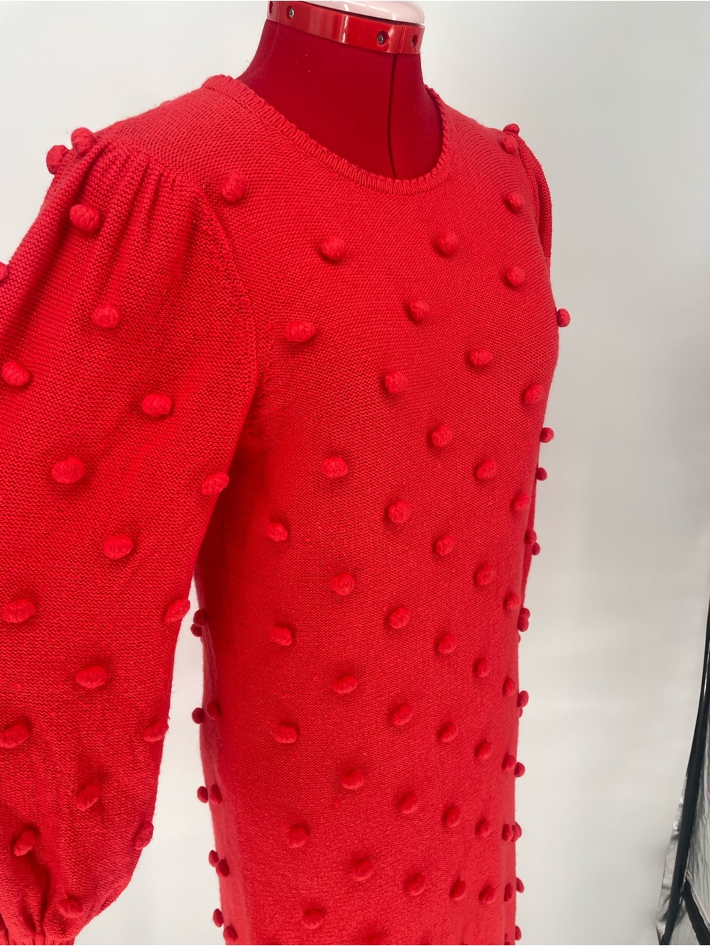 Lilly Pulitzer Red Pom Pom Knit Sweater Dress Puffy Long Sleeves Fitted Cuffs - Picture 3 of 9